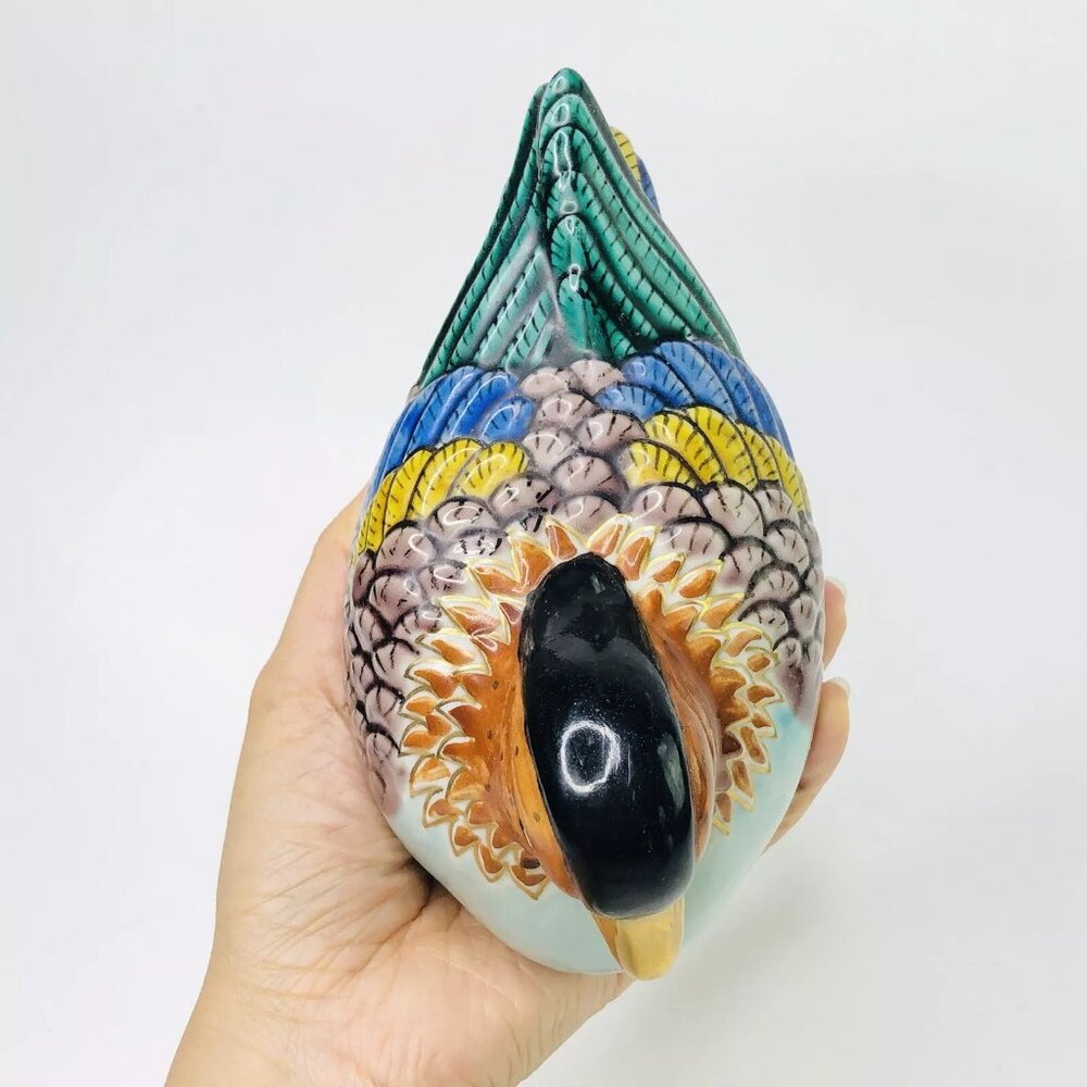 Vintage Bird Figurine Japanese Kutani Mandarin Duck Painted Gilded Signed Stamp - Picture 7 of 9
